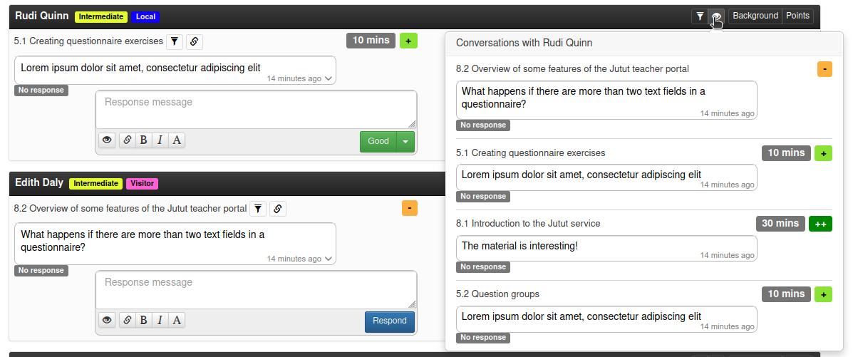 The conversation preview popover appears on the right side of the page and shows the conversations with the student compactly.