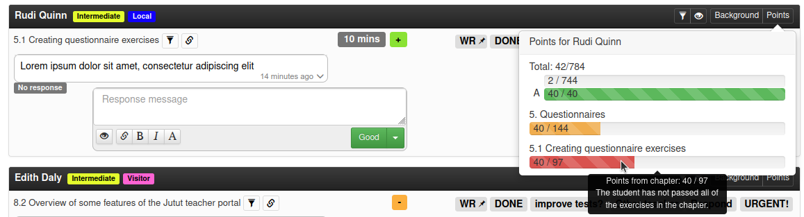 The points popover appears on the right side of the page and shows the student's points as progress bars for the point categories (for the entire course), as well as the module and the chapter. The progress bars are color coded.